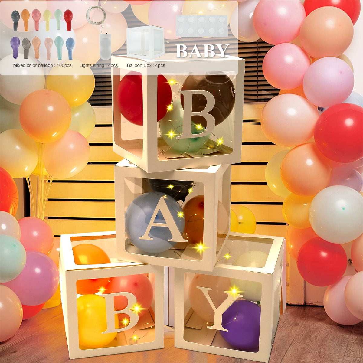 Baby Shower Balloons Boxes 4 Pieces Transparent Balloon Blocks with LED Firefly String Lights Macaron Rainbow Balloons for Gender Reveal Baby Shower Birthday Party Decorations