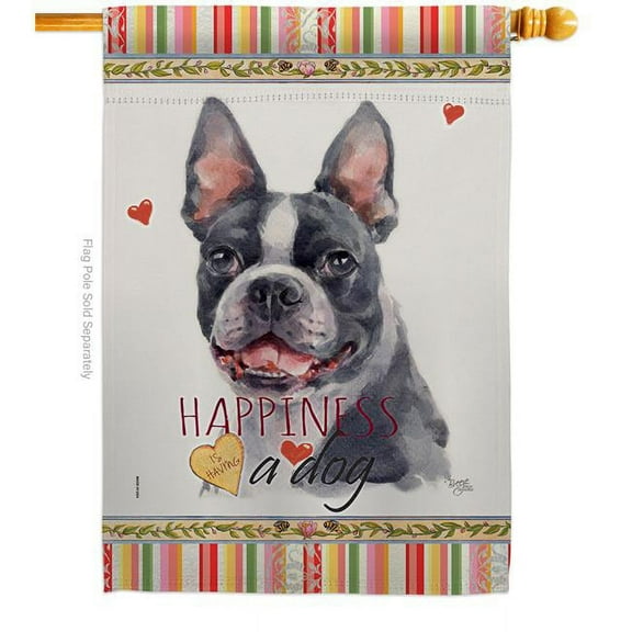 Breeze Decor H110159-BO 28 x 40 in. Dog Boston Terrier Happiness Double-Sided Decorative Vertical House Flag