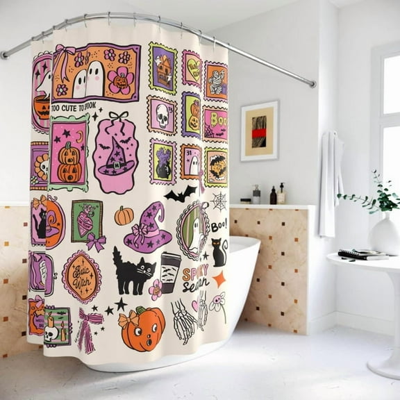 Halloween Shower Curtain Ghosts Shower Curtain Unique Bathroom Decor Housewarming Spooky Cat Pumpkin Fall Decor Skeleton Witchy Bat Stamp 66x72in