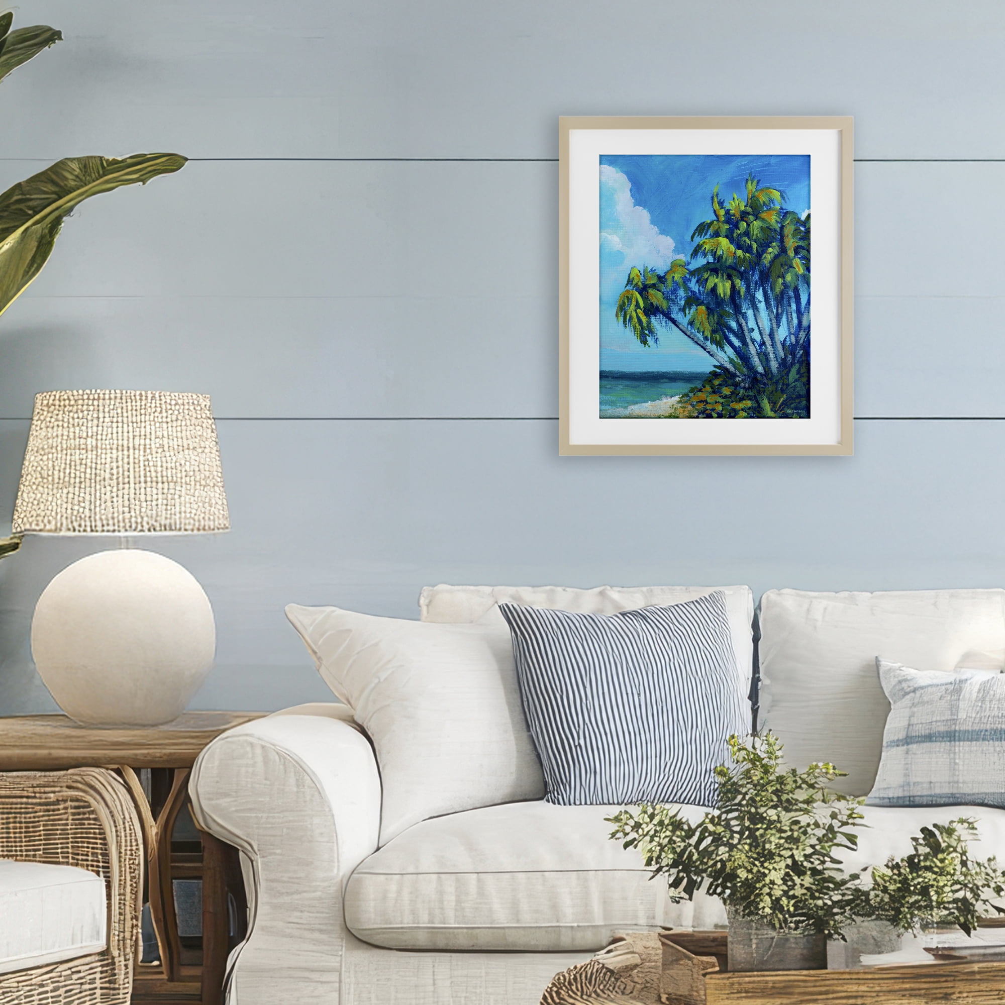 Stupell Industries Cerulean Sky & Palms Birch Framed Print Under Glass, design by Dan Meneely