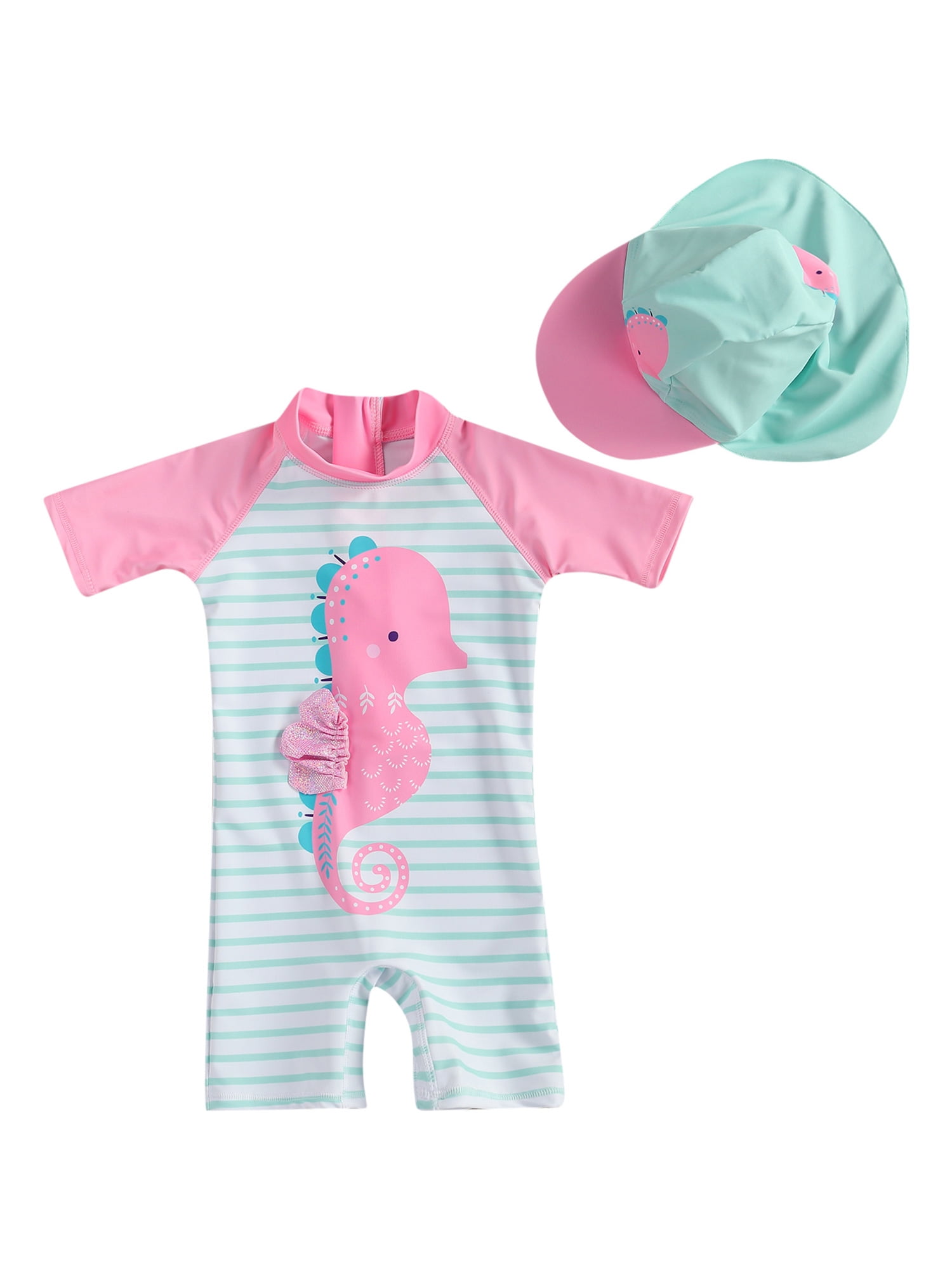 Toddler Baby Boy Girl Swimsuit Infant One-Piece Zip Rashguard Swimsuit UPF 50 Sun Protection Free Sun Hat