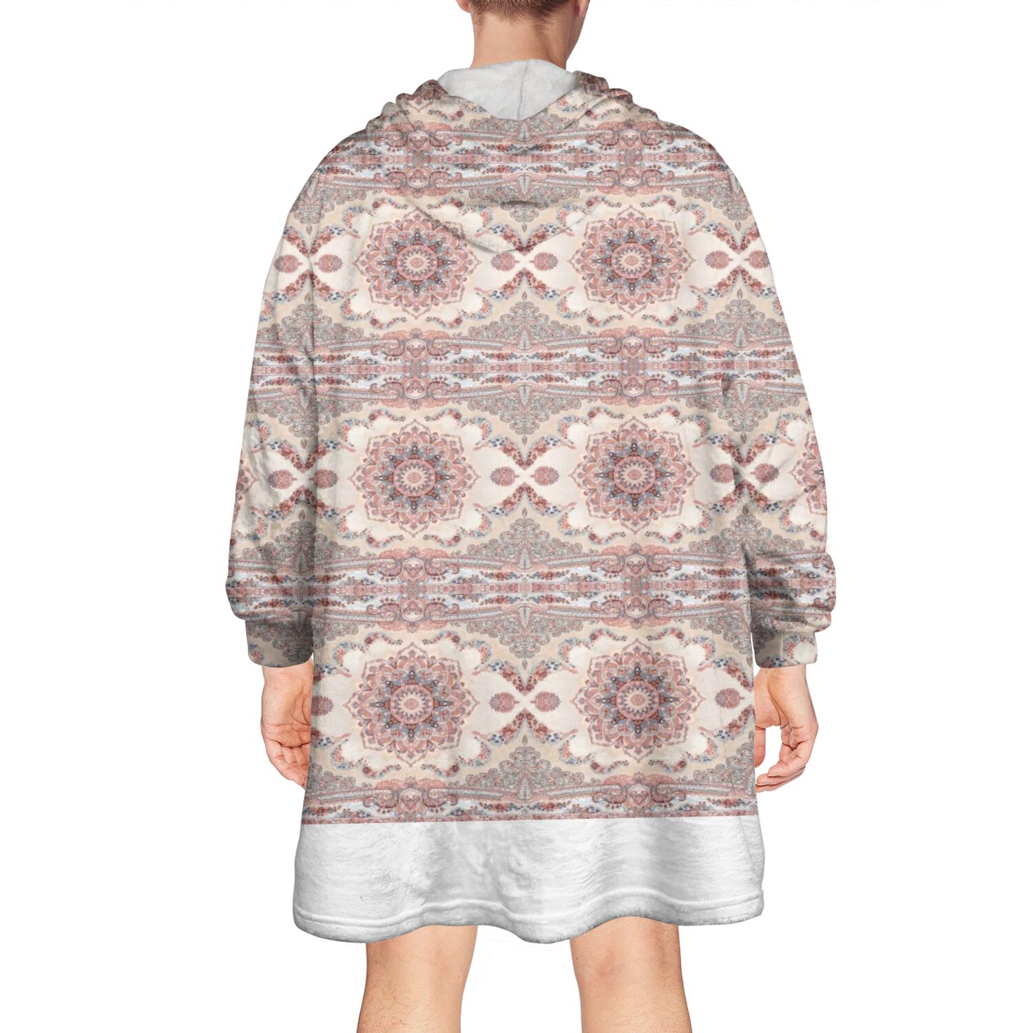 Wearable Oversized Blanket,Pink Ethnic Floral and Paisley Pattern Wearable Blanket Hoodie for Adults,Cozy Hooded Blankets with Super Pockets,Super Warm Fuzzy Pullover for Women & Men