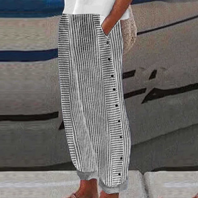 Pantalon Décontracté à Rayures pour Femmes, Mode Été, Bouton, Ample, Neuf Points, Pantalon de Survêtement pour Femmes, Pantalon de Survêtement Ample, Pantalon d'Affaires Décontracté pour Femmes, Pantalon Formel pour Femmes