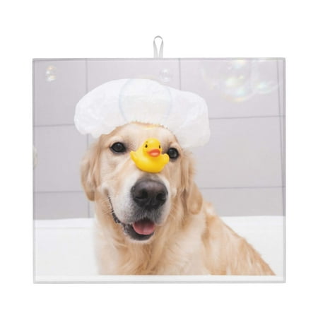 

Naloa The Dog Is Sitting In A Bubble Bath Dish Drying Mat for Kitchen Counter Heat Resistant Drainer Mats Absorbent Draining Mat Dish Rack Pad 16 x18