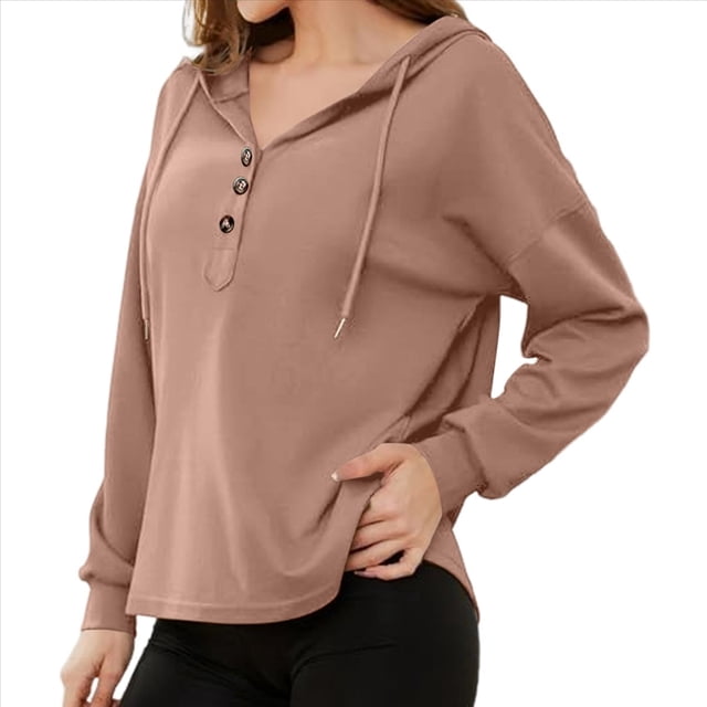 Sudadera con Capucha para Mujer, Cuello Abotonado, Cordón Ajustable, Sudadera Informal de Larga, Camisetas. Caqui Oscuro L