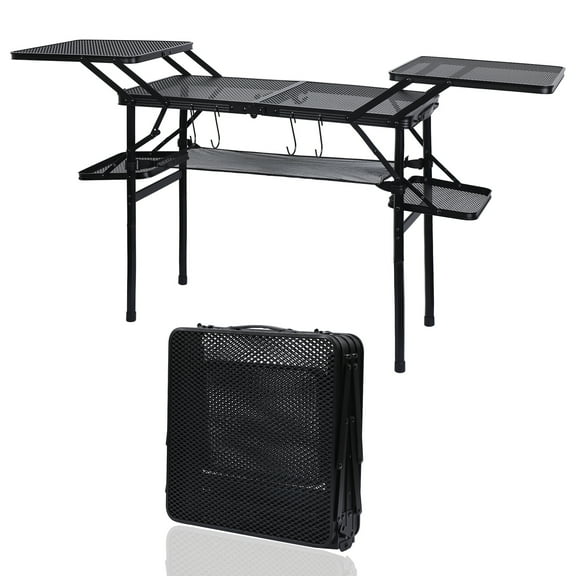 Folding Camping Table with 4 Side Tables, Portable Outdoor Grill Table, Lightweight BBQ Prep Station, Foldable Picnic Table with Mesh Storage Net, Ideal for Camping, Tailgating, and Picnics