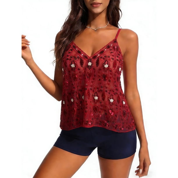 Tops de Verano de las Mujeres con Lentejuelas con Cuentas de Cuello en V, Blusa Glamorosa para el Uso de la Fecha de la Fiesta
