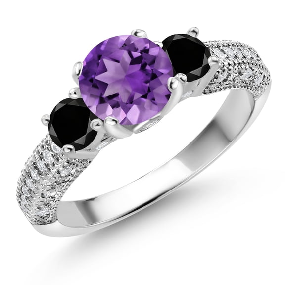 Gem Stone King 925 Sterling Silver Purple Amethyst Black Diamond and White Moissanite Engagement Ring for Women (1.82 Cttw, Gemstone February Birthstone, Round 7MM and 4MM, Size 5)