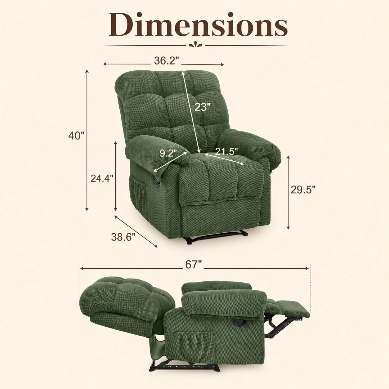 Miniyam Overstuffed Recliner Chair with Plush Armrests, Adjustable Ergonomic Recliner, 105° to 165° Reclining, Green