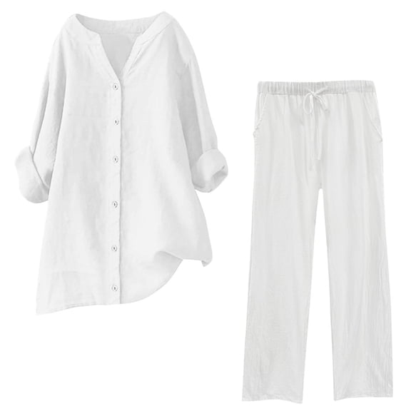 OWMEOT Womens 2 Piece Plus Size Lounge Sets Loose Long Sleeve Button Down Tops and Drawstring Wide Leg Pants 2PCs Loungewear Set