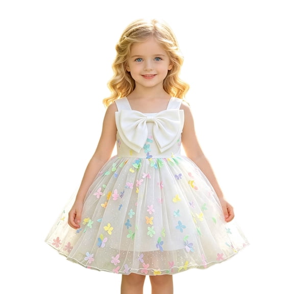 Rhuody Girls Dress White Bow Dress With Sleeveless And Colorful Pattern Formal Dress Suitable For Parties Versatile Playsuit