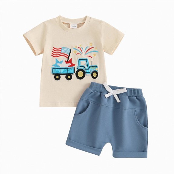 Sgkm Toddler Outfits for Boys Toddler Boy Outfit with Tractor T Shirt Shorts Cotton Solid Summer Clothes for 4th of July