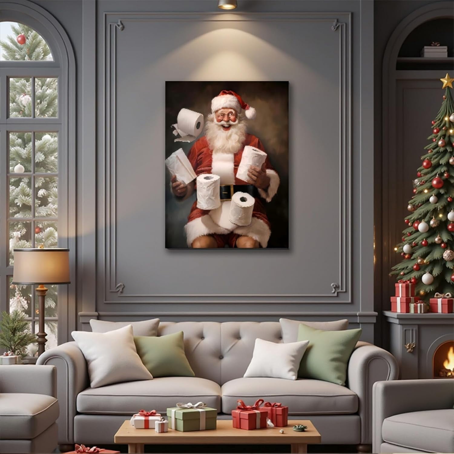 Funny Christmas Santa Bathroom Wall Art Prints, Winter Christmas Santa Claus Posters Pictures Wall Decor for Shower Room Bathroom Washroom, Framed Ready to Hang