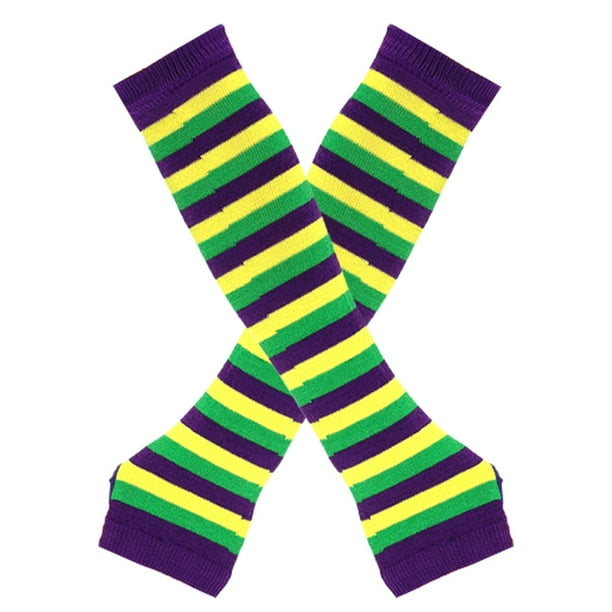 Zhuge Guantes largos sin dedos a rayas para mujer, calentadores de brazos tejidos de invierno para punk rock, cosplay, gótico y fiestas navideñas, color negro, verde y amarillo