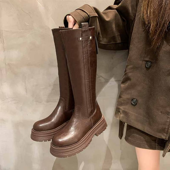 Roncen Women's Casual Fall Winter Slim Fit Stretch Tall Riding Boots - Elastic Wide Calf Chunky Heel Equestrian Boots for Outdoor