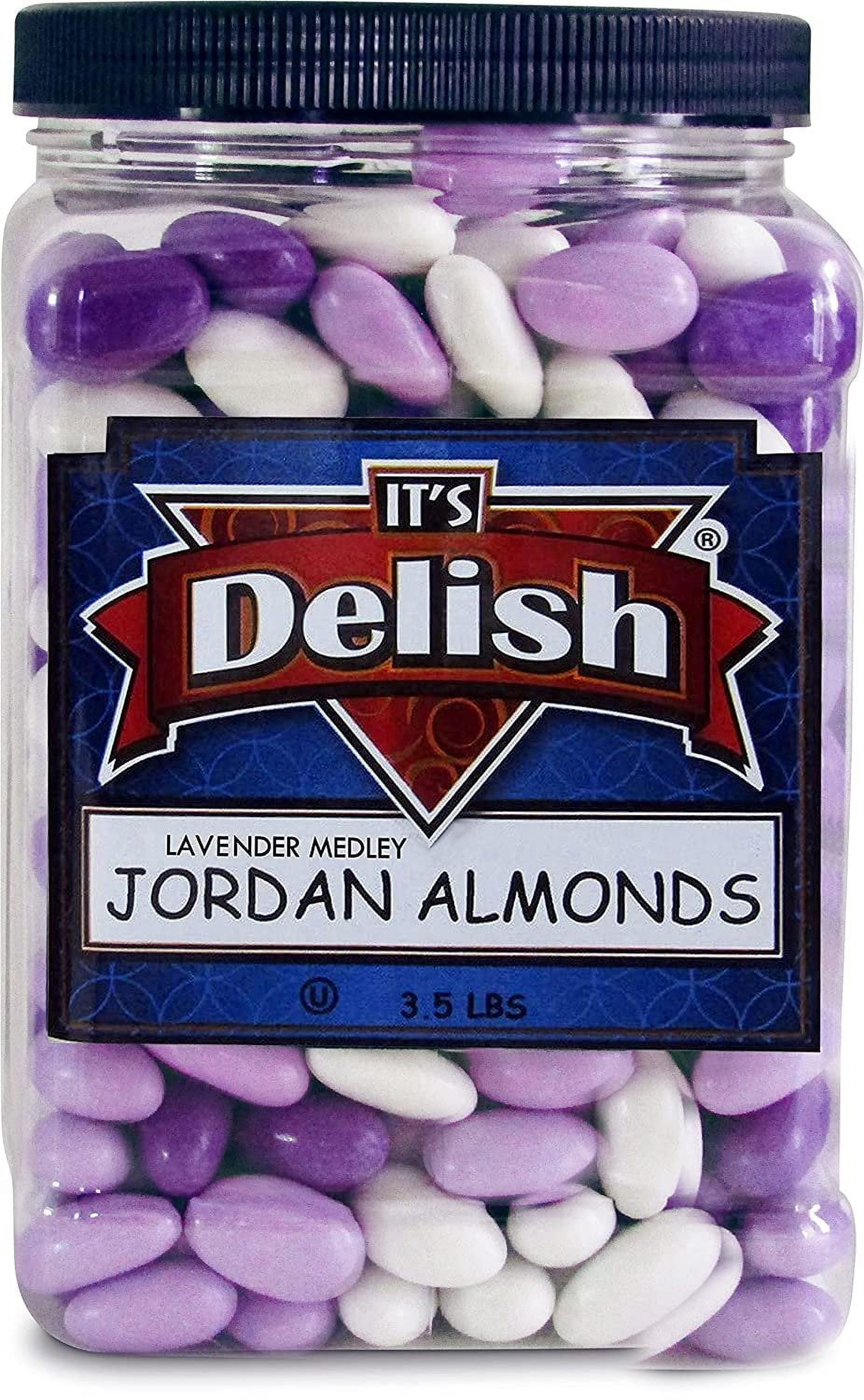 Lavender Purple & White Jordan Almonds Medley by It's Delish, 3.5 LBS Jumbo Container  Valentines Mothers Day Girl Theme Bulk Party Favors Almond Nut Coated in Sweet Hard Candy Shell - Vegan & Kosher