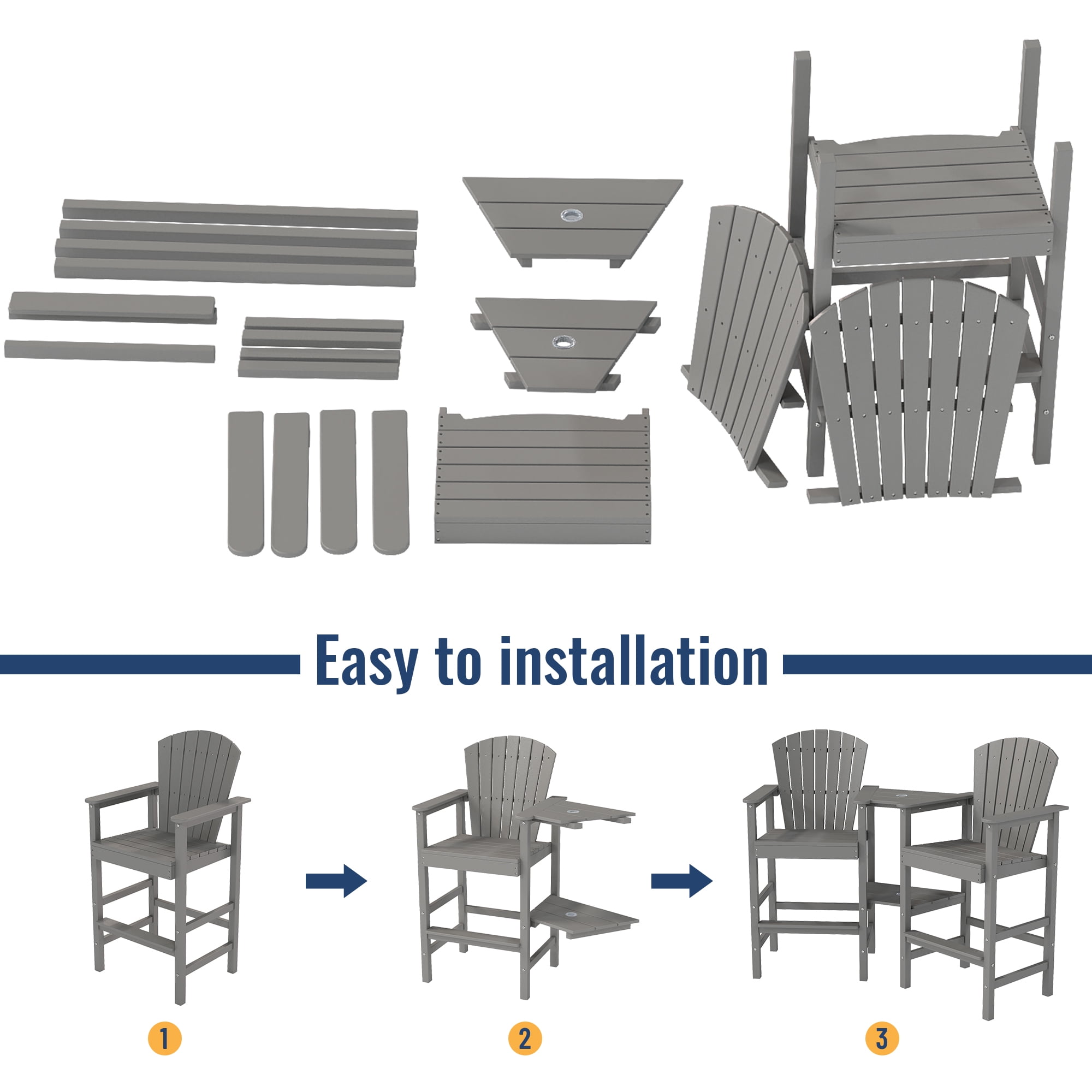 Tall Adirondack Chair Set of 2, HDPE Balcony Chair with Double Connecting Tray, Outdoor Weather Resistant Adirondack Chair, Gray