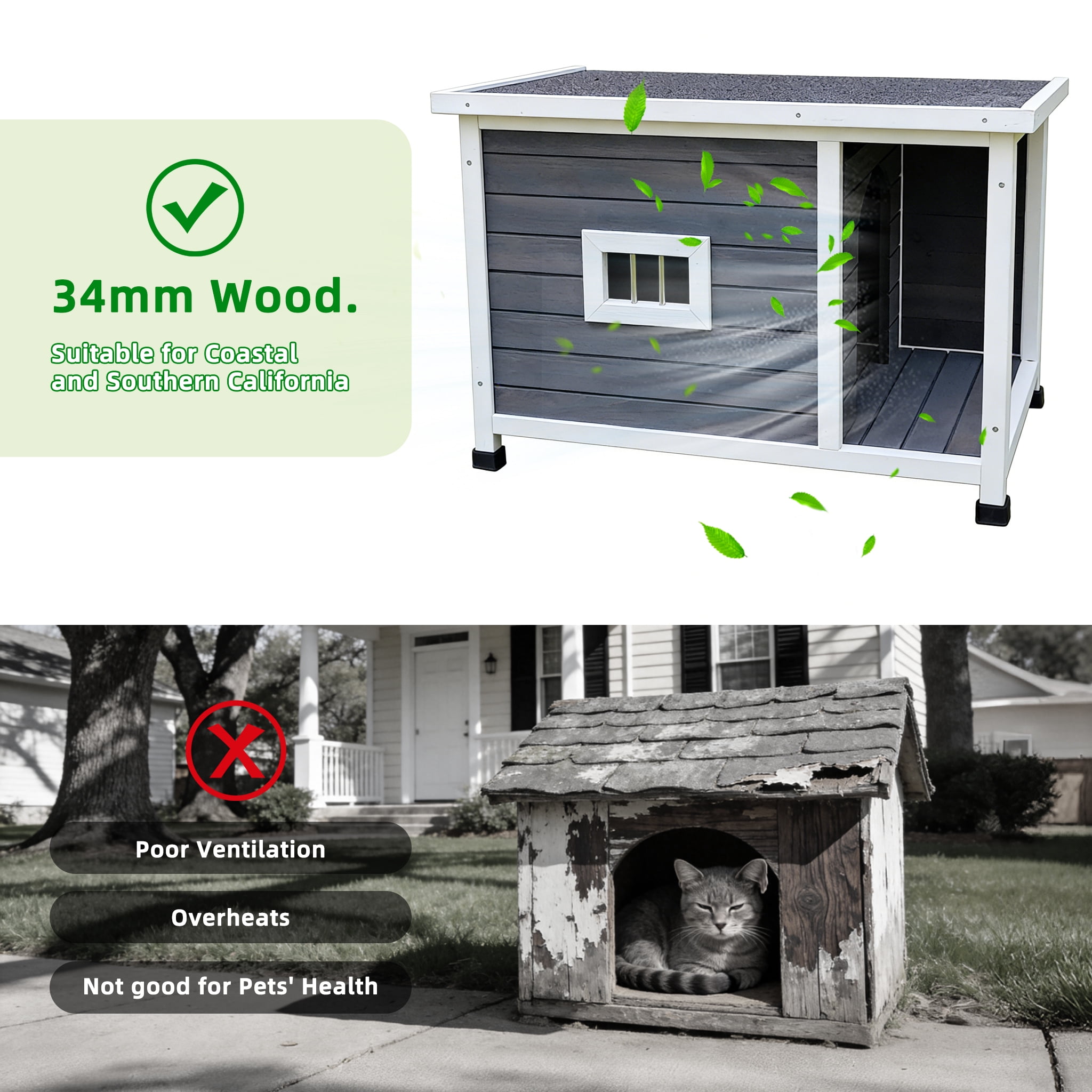 Outdoor Gray Cat House with Waterproof Roof, Ventilated Windows, and Sturdy Metal Support, Pet Shelter for Cats