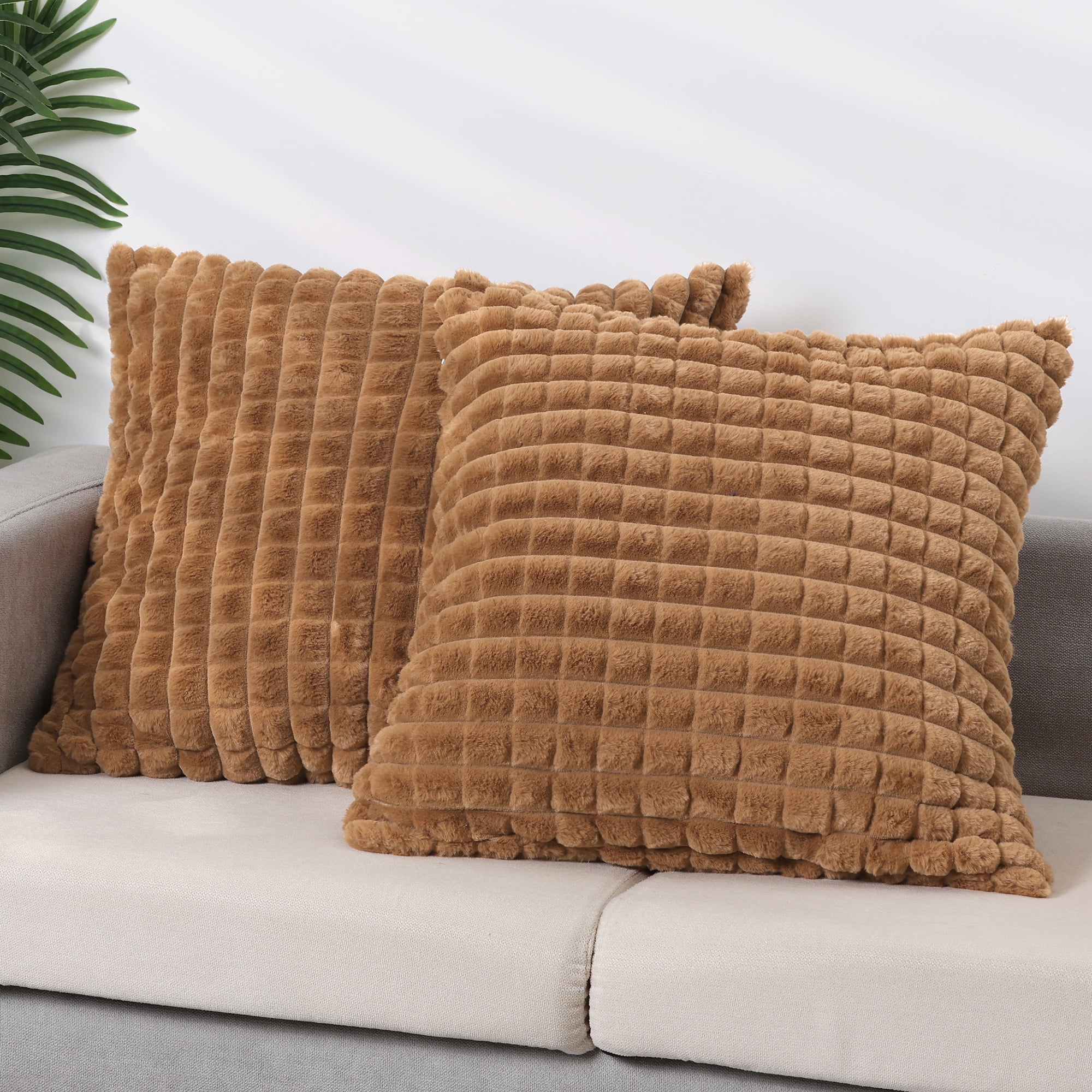 Unique Bargains 4 Pcs Checkered Faux Fur Plush Throw Pillow Covers Home Decor Pillowcases Brown 20" x 20"
