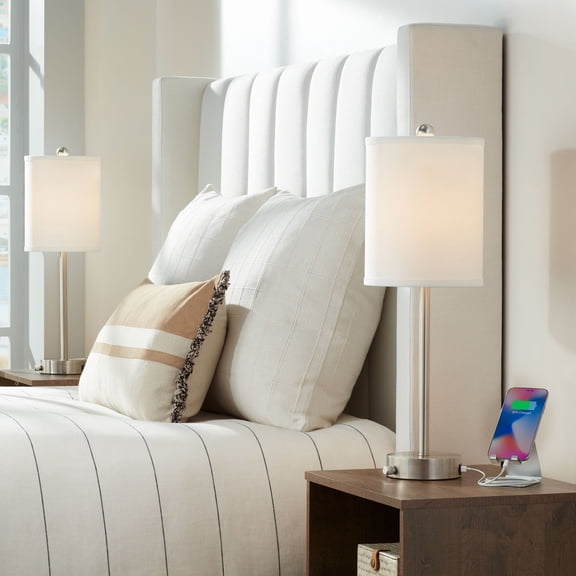 360 Lighting Trotter Modern Table Lamps 23 3/4" High Set of 2 Brushed Nickel with USB and AC Power Outlet in Base White Fabric Cylinder for Home Desk