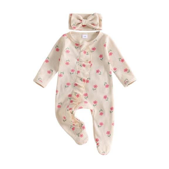 Cjfdfy Newborn Baby Girl Floral Footed Outfit Romper Zip Front Long Sleeve Ribbed Ruffle Trim Jumpsuit Bow Headband Infant Cute Coming Home Fall Winter Outfit