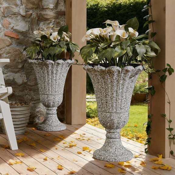 TopComfy 23.6" Tall Plastic Urn Planters for Outdoor Plants Set of 2 Heavy-Duty Classic Indoor Large Flower Pots with Drainage Holes for Garden, Black Gray
