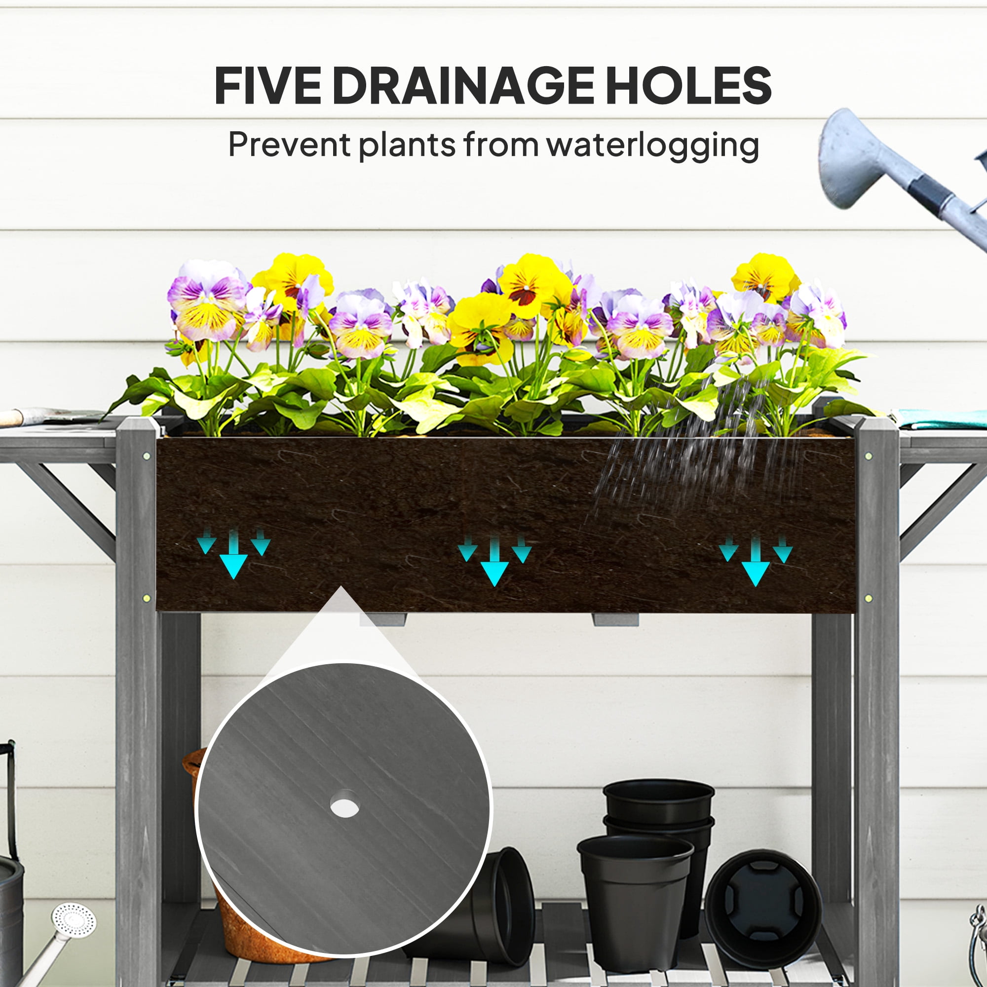 Outsunny Raised Garden Bed, Wood Elevated Planter Box with Lockable Wheels, Side Tables, Bottom Shelf, Bed Liner and Drainage Holes, Gray