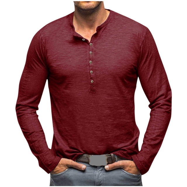 Organic Cotton T-Shirts for Men,Long Sleeve Button Up Quick Dry Henley Tops,Muscle Fit Solid Color Crew Neck Undershirts