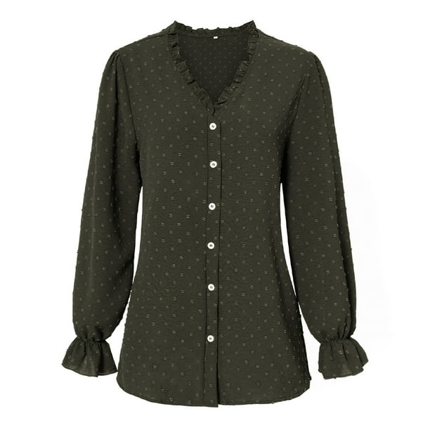 Camisas con cuello en V y botones para mujer, manga larga/corta, para oficina, informales, de negocios, blusas lisas