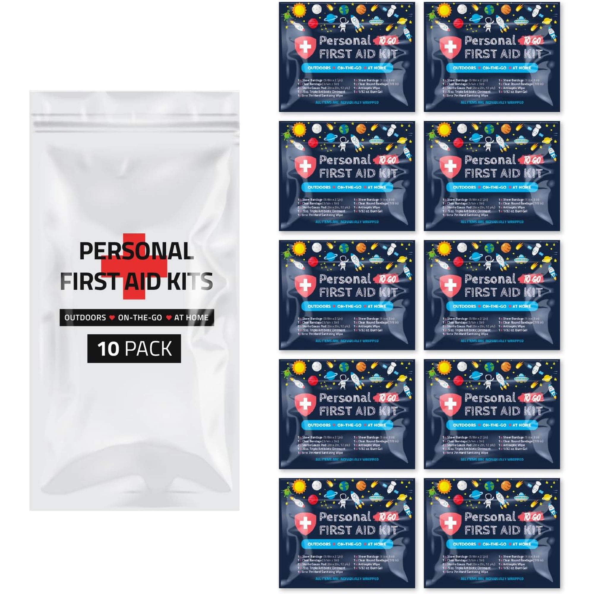 First Aid Emergency Medical Kit Mini and Travel Size - 10 Pack | Great for Kids, Schools, Business, Hiking, Camping | Wound Care Products (Space)