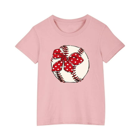 AHTJRT Boys Girls Short Sleeve Tee Shirt Round Neck Baseball Tee Shirt Cartoon Bowknot Ball Patterns Printed Tee Tops Pink 7 Years