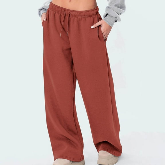 Guieoi Winter Warm Pants Plus Size Women's Baggy Pants Elastic Lace-Up Casual Solid Color High-Waisted Wide-Leg Yoga Pants Orange