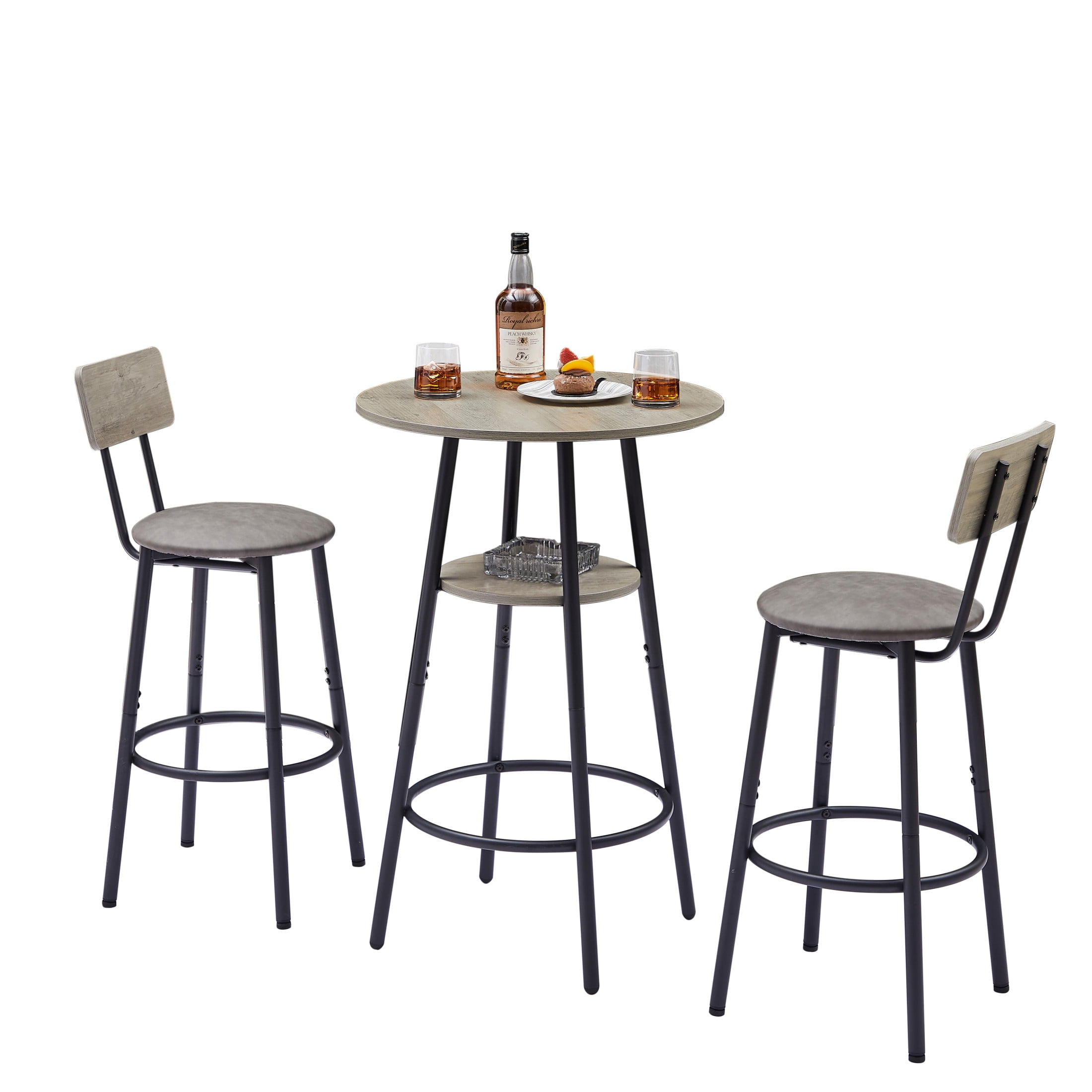Noble House Round 3-Piece Bar Set, Pub Table with Shelf & 2 Upholstered Stools, Industrial Small Space Design, Grey
