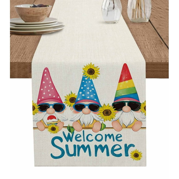 Sunflower Gnomes Burlap Cotton Table Runner 13x108 Inches Long, Farmhouse Yellow Red Blue Rustic Farmhouse Table Runners, Outdoor Dining Tablecloths Decor for Baby Shower/Party/Wedding