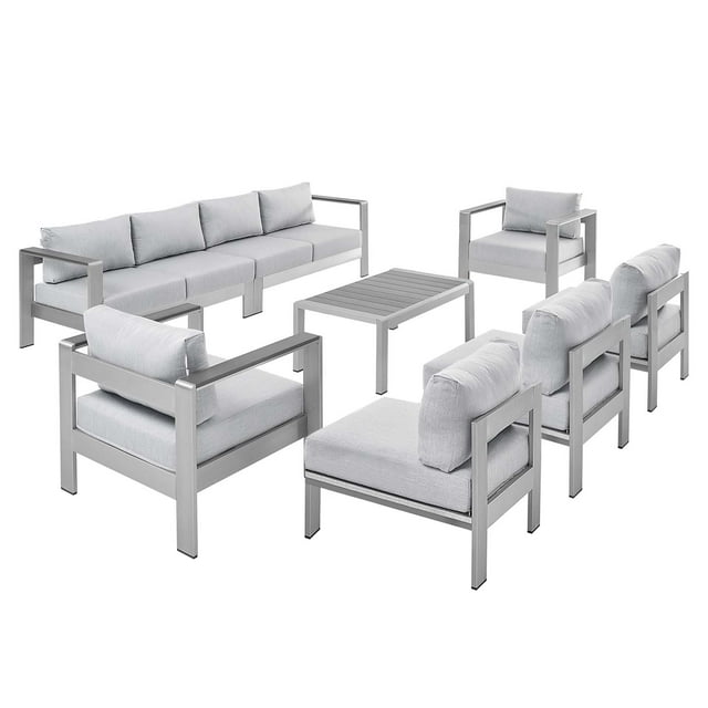 Lounge Sectional Sofa Chair Table Set, Sunbrella, Fabric, Aluminum, Metal, Silver Grey Gray, Modern Contemporary Urban Design, Outdoor Patio Balcony Cafe Bistro Garden Furniture Hotel Hospitality