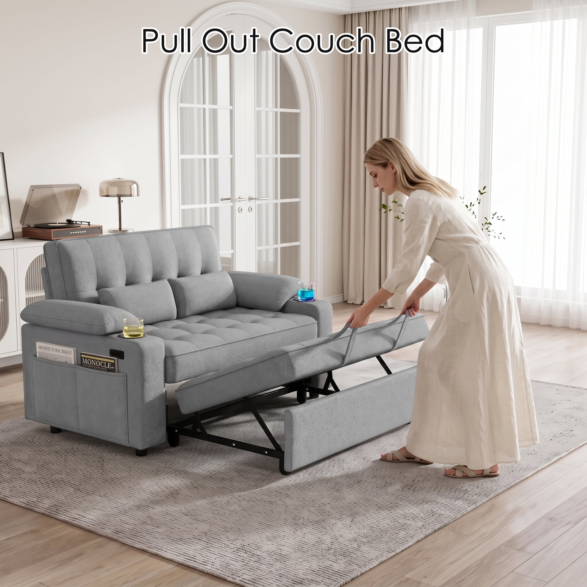 58" Convertible Sleeper Sofa Bed, Full Size Pull Out Couch with USB Charging, Cup Holders, Adjustable Backrest & Side Pockets, Towel Fabric Loveseat for Living Room, Apartment, Office (Light Gray)