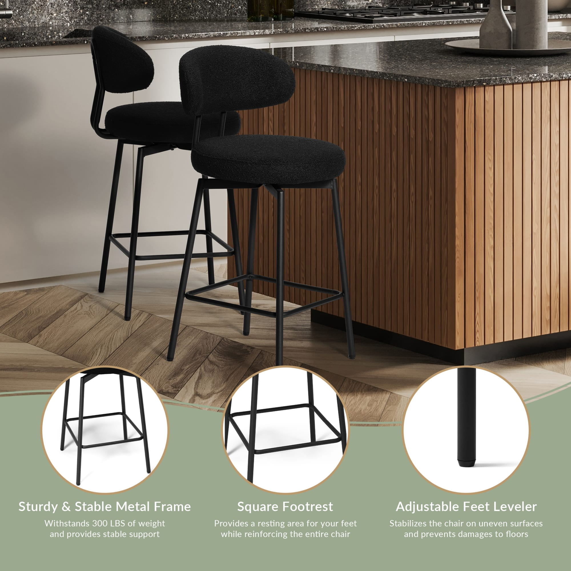 WestinTrends Alexandria Modern Upholstered Sherpa Fabric Counter Height Bar Stools with Back (Set of 2), Black