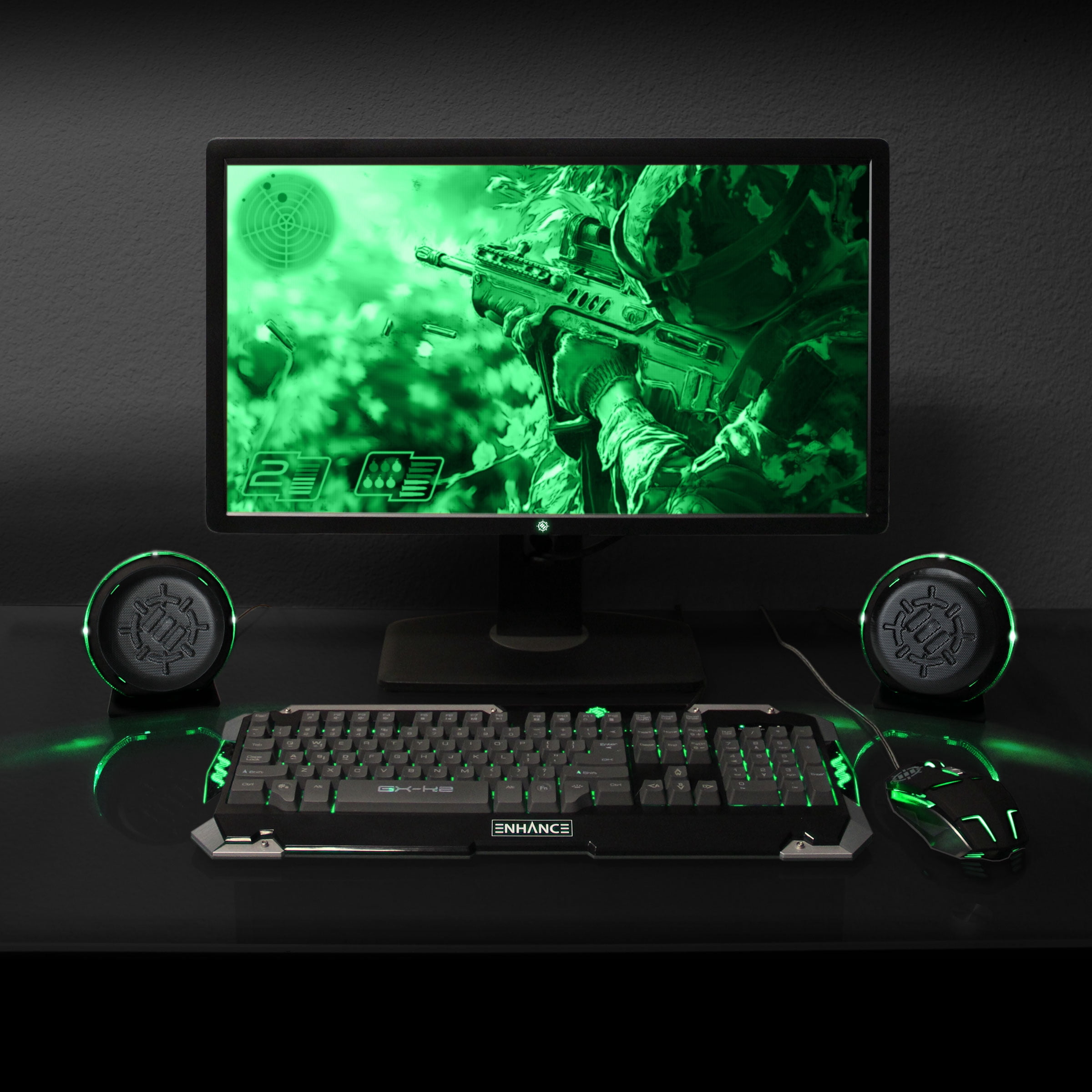 ENHANCE Gaming LED Computer Speakers with Subwoofer , Powerful 5W Drivers and In-Line Volume Control - Green Lights , USB 2.0 Powered , 3.5mm Connection for PC , Desktop , Laptop , Notebook