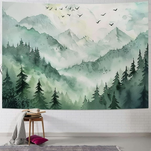 PRATYUS Mountain Forest Tapestry Wall Decor, Misty Foggy Nature Landscape Watercolor Sage Green Tree Woodland Tapestry Wall Hanging For Living Room Bedroom Home Dorm Decorations Multi Size Painting