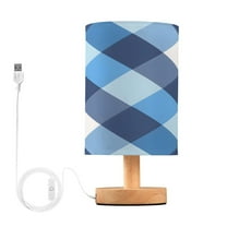 Blue White Checkered Grid Pattern Bedside Table Lamp Desk Warm Lights with USB Charging Port Cylinder LED Lamps for Bedroom Living Room Office