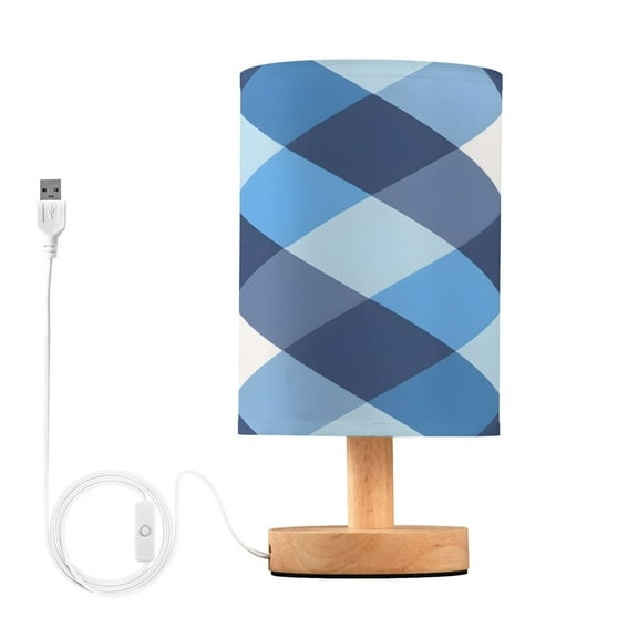 Blue White Checkered Grid Pattern Bedside Table Lamp Desk Warm Lights with USB Charging Port Cylinder LED Lamps for Bedroom Living Room Office