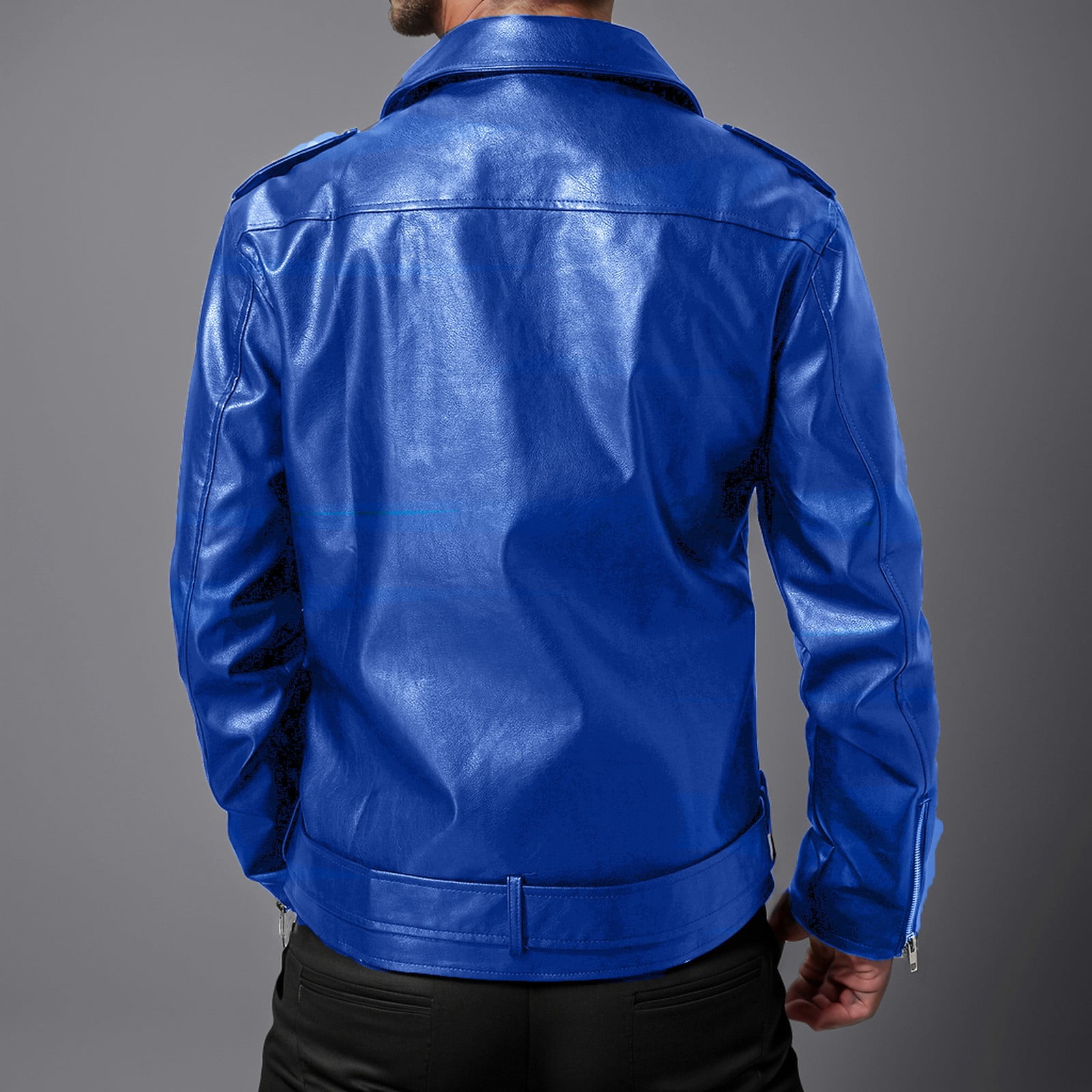 Maoxin Leather Jacket Men Men's Collar Leather Jacket Casual Loose Men's Top Solid Color Long Sleeved Hooded Leather Jacket/jacket Plus Size Leather Jacket Blue 2XL
