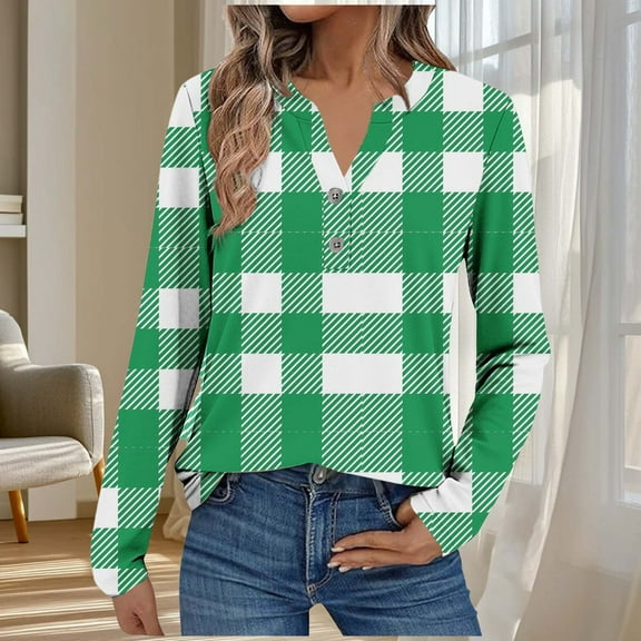 Craaazy Button Down Shirts for Women Polka Print T-shirt Plaid Shirt Casual V-neck Striped Long Sleeve Shirt Gifts
