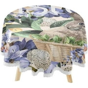 SKYSONIC Watercolor Cute Bunny Round Tablecloth 60inch Indoor Wrinkle Free, Happy Easter Greeting Circular Lace Table Cover Washable for Kitchen Party BBQ Dining Decor