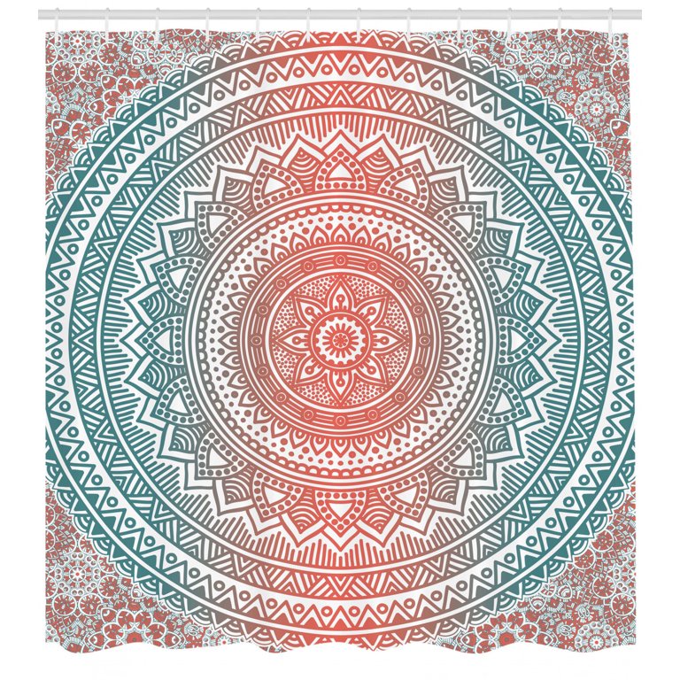 Teal and Coral Shower Curtain, Ombre Mandala Art Antique Gypsy Stylized  Folk Pattern Mystical Cosmos Image, Fabric Bathroom Set with Hooks, 69W X  75L