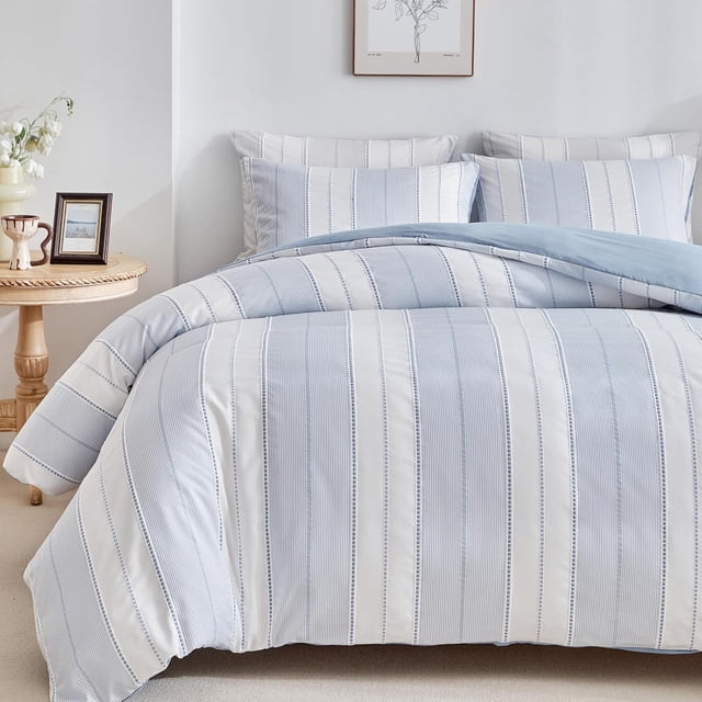Striped Duvet Cover Blue King, Blue with White Striped Weave Pattern Bedding, Microfiber Soft Textured Duvet Cover Set with Zipper Closure and Corner Ties (Blue, King)
