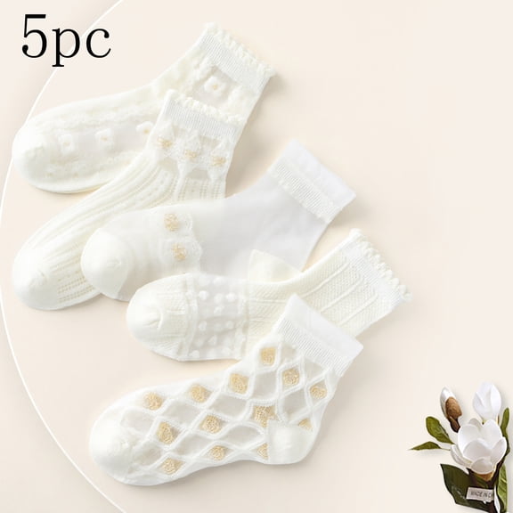 Bnwani White Socks for Girls Cotton Crew Stacked Thin Socks 6-8 Years 5 Pack