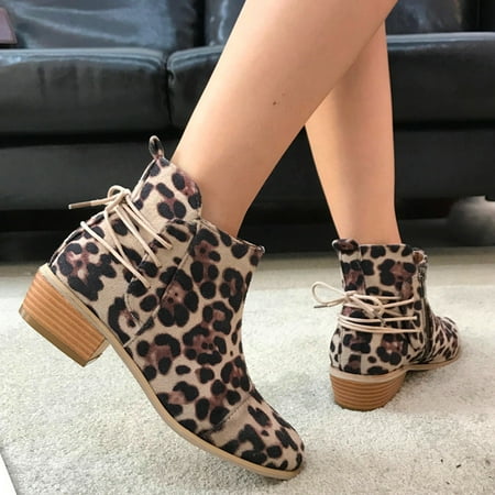 

Womens Boots Fashion Autumn Women Ankle Boots Mid Heel Heel Leopard Print Zipper Rope White 6.5 Boots for Women