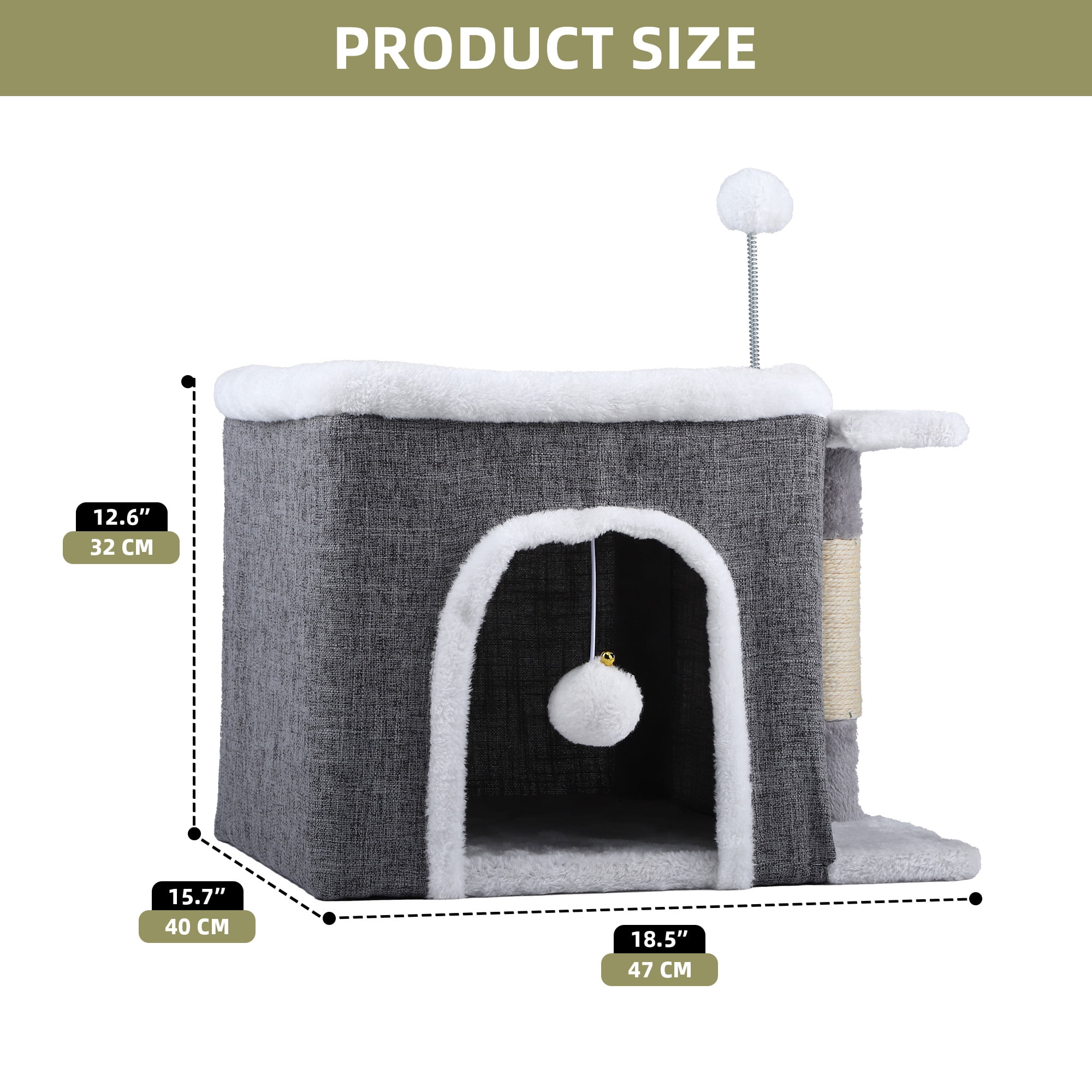 Uforic Indoor Cat Cube House with Sisal Post & Hanging Ball, Covered Cat Bed for Indoor Kittens, Gray