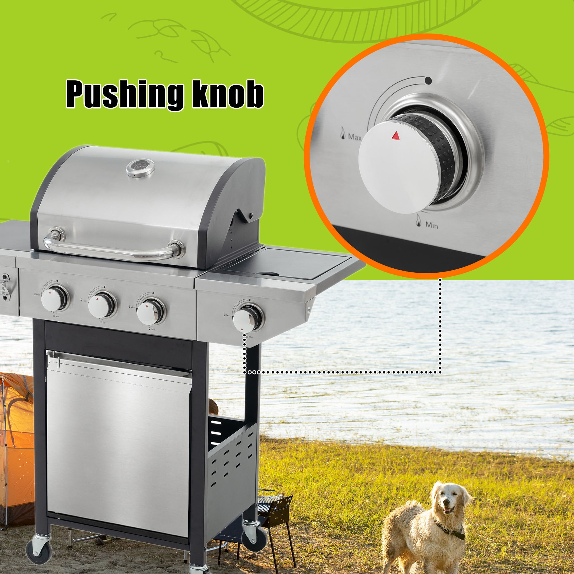 Holaki 3-Burner Propane Gas Grill with Side Burner, Stainless Steel, 37,000 BTU, Thermometer, Outdoor Bbq Grill